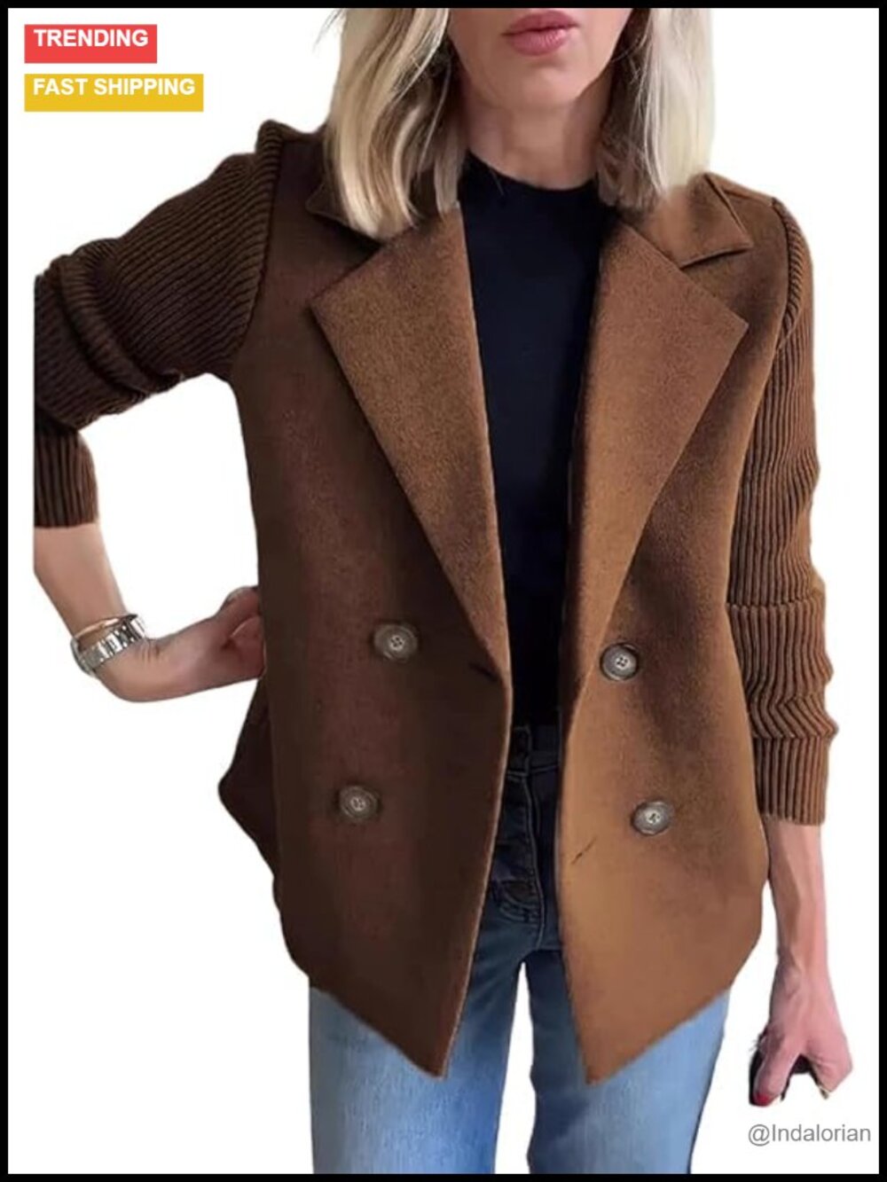 Wool Blend Cropped Pea Coat Double Breasted Notch Lapel Knit Sweater Blazer